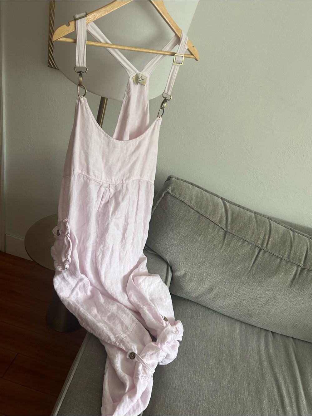 Linen Baggy Jumpsuit Cargo Utility Light pink Lagenlook Roll Up Leg One Size